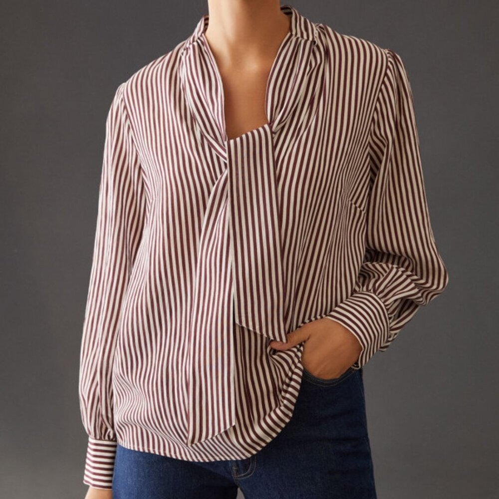Anthropologie Maeve Maroon Tie-Neck Blouse